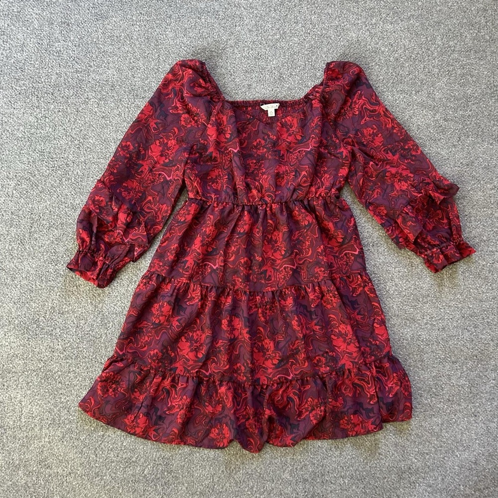 The Pioneer Woman Dress Womens Medium Red Floral Tiered Ruffle Mini Smocked